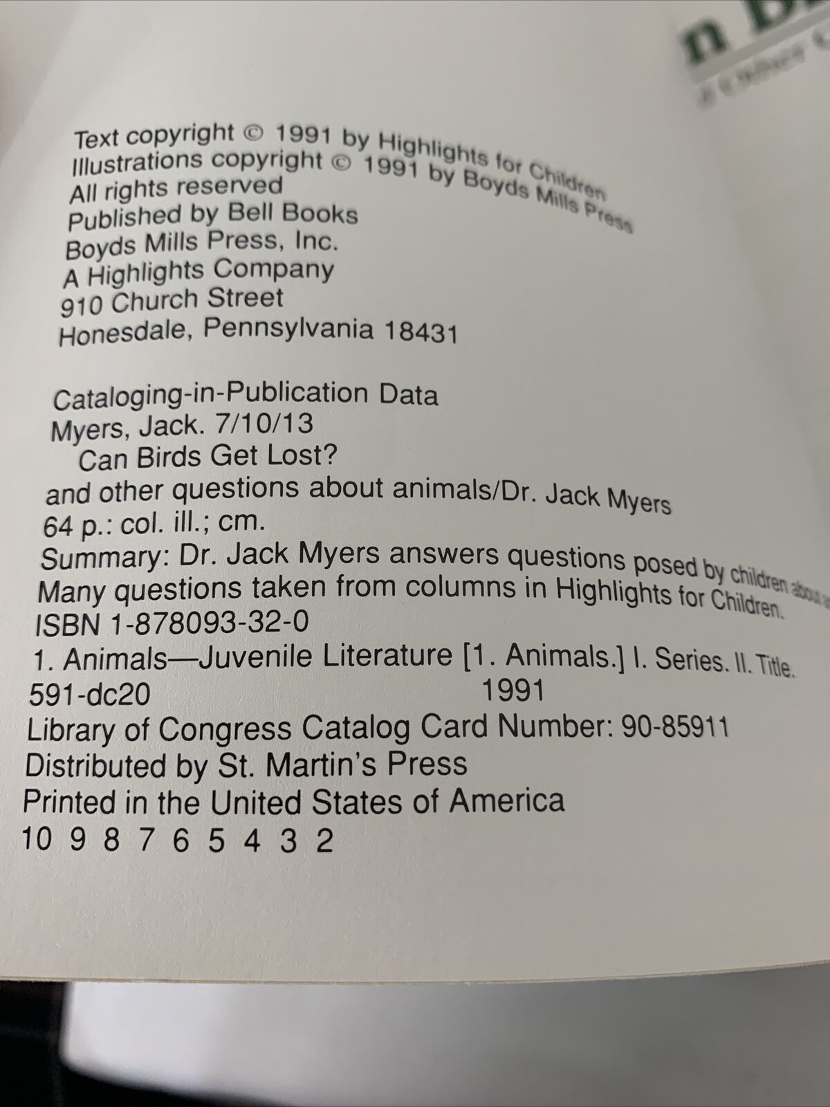 Vintage 1991: Can Birds Get Lost? : And Other Questions about Animals-Jack Myers