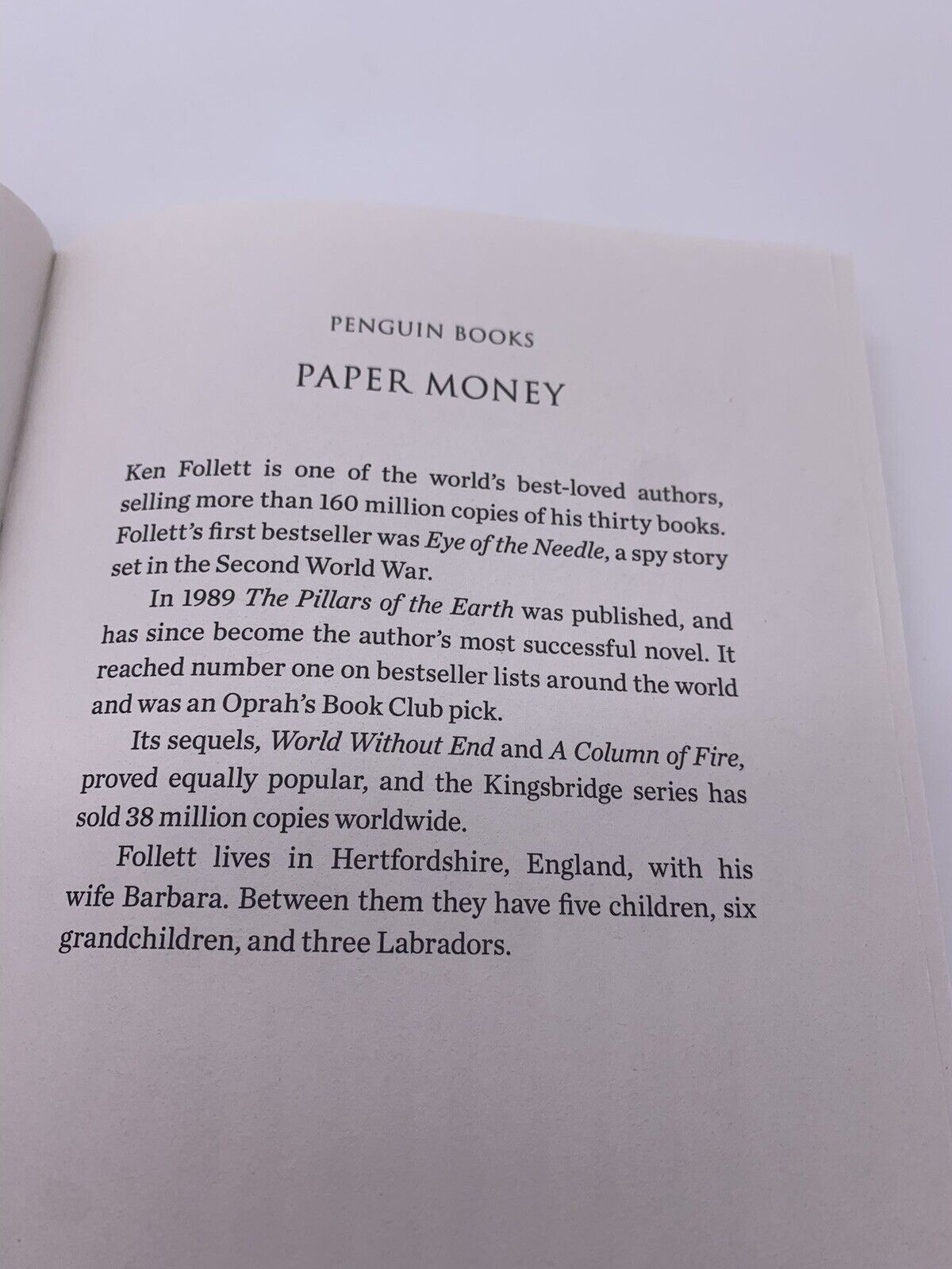 Paper Money : A Novel by Ken Follett (2018, Trade Paperback)