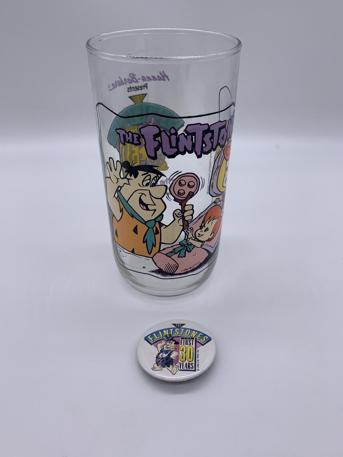 1963 Vintage Hardees 30th Anniversary Flintstones Glass & Pin Set Rare Collector