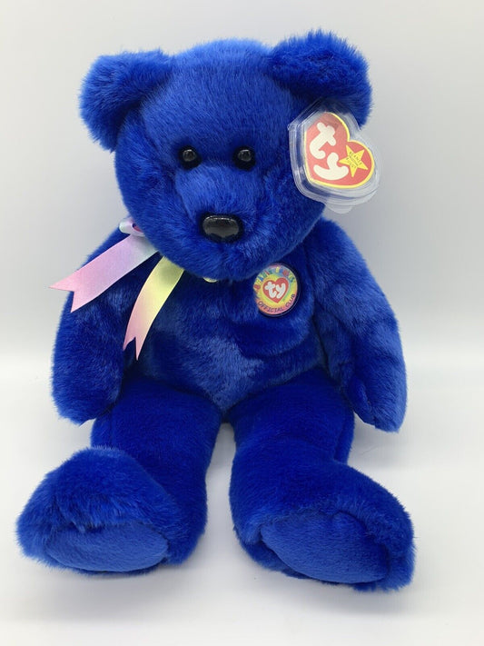 TY Beanie Buddy - CLUBBY the Bear (13.5 inch) Royal Blue Official Club Rainbow