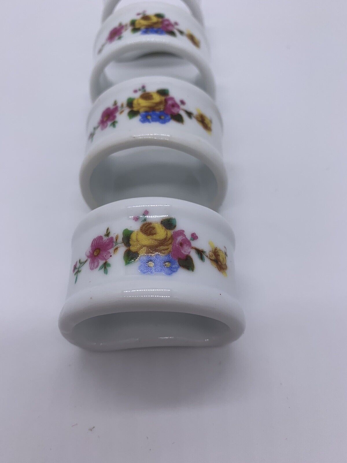 Vintage Genuine Porcelain Napkin Rings With White and Blue Flowers Set of 4