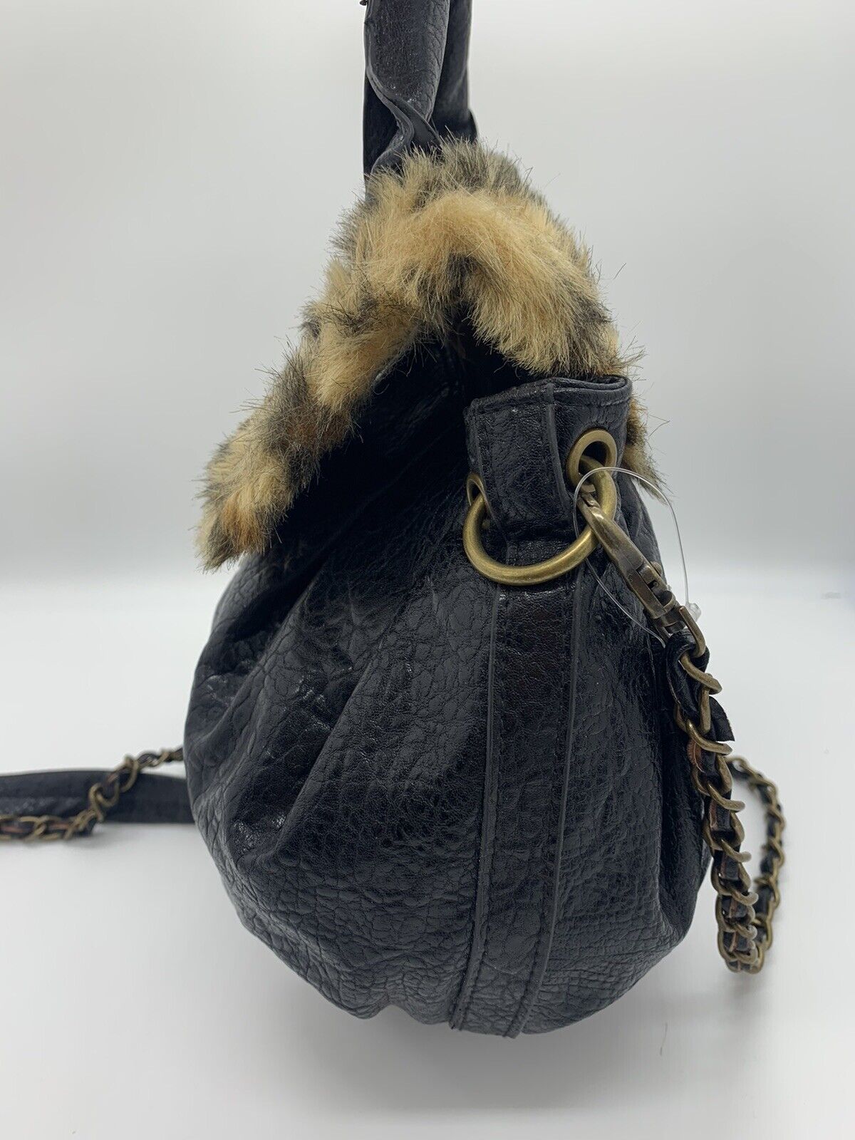 Bueno Women's Black Faux Fur Exterior Handbag Purse with Link Chain and Tags