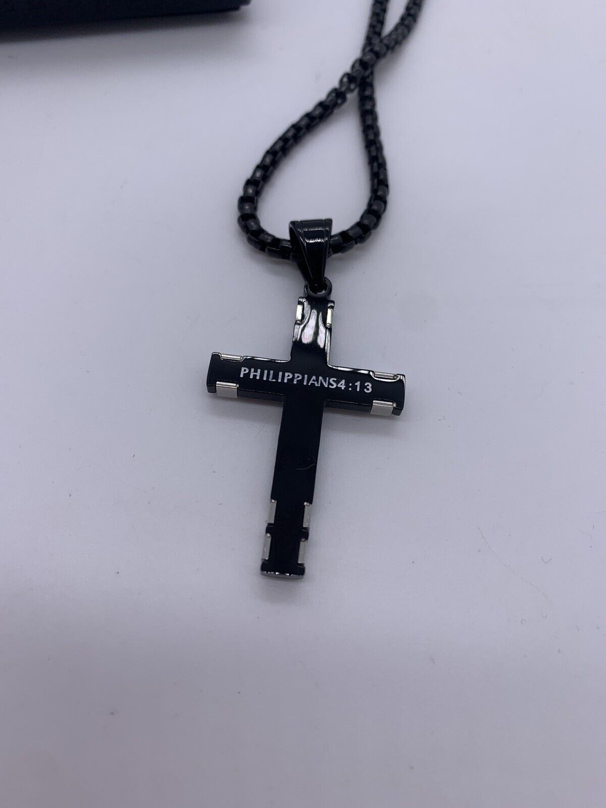 Philippians 4:13 Cross Pendant Bible Verse Stainless Steel Necklace Black