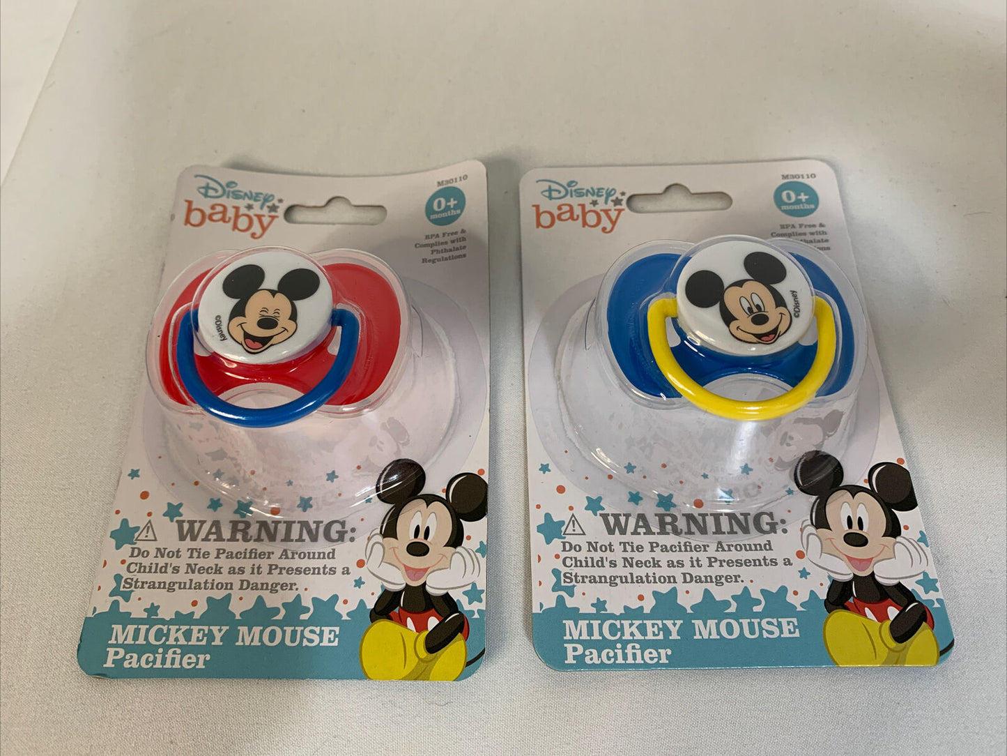 TWO Disney Baby: Mickey Mouse. Pacifiers binky Blue Red Yellow 0+ Month BPA Free