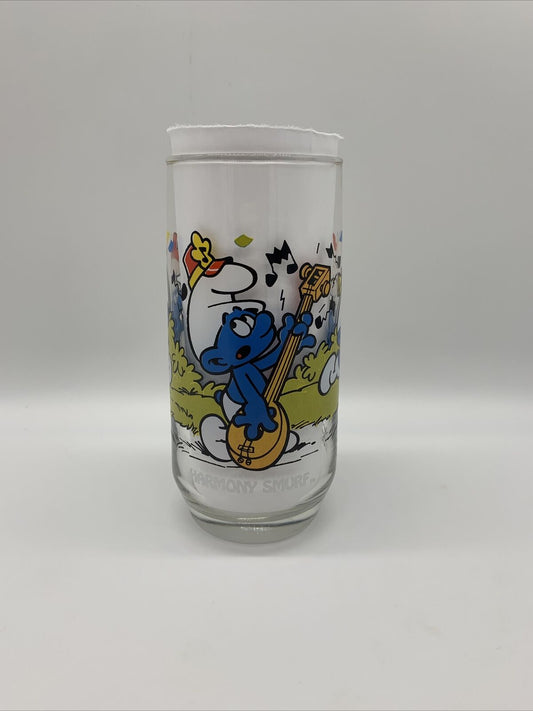 RARE SMURF 6 inch tall Glass “Harmony Smurf” 1983 Peyo Wallace Berrie & Co MINT