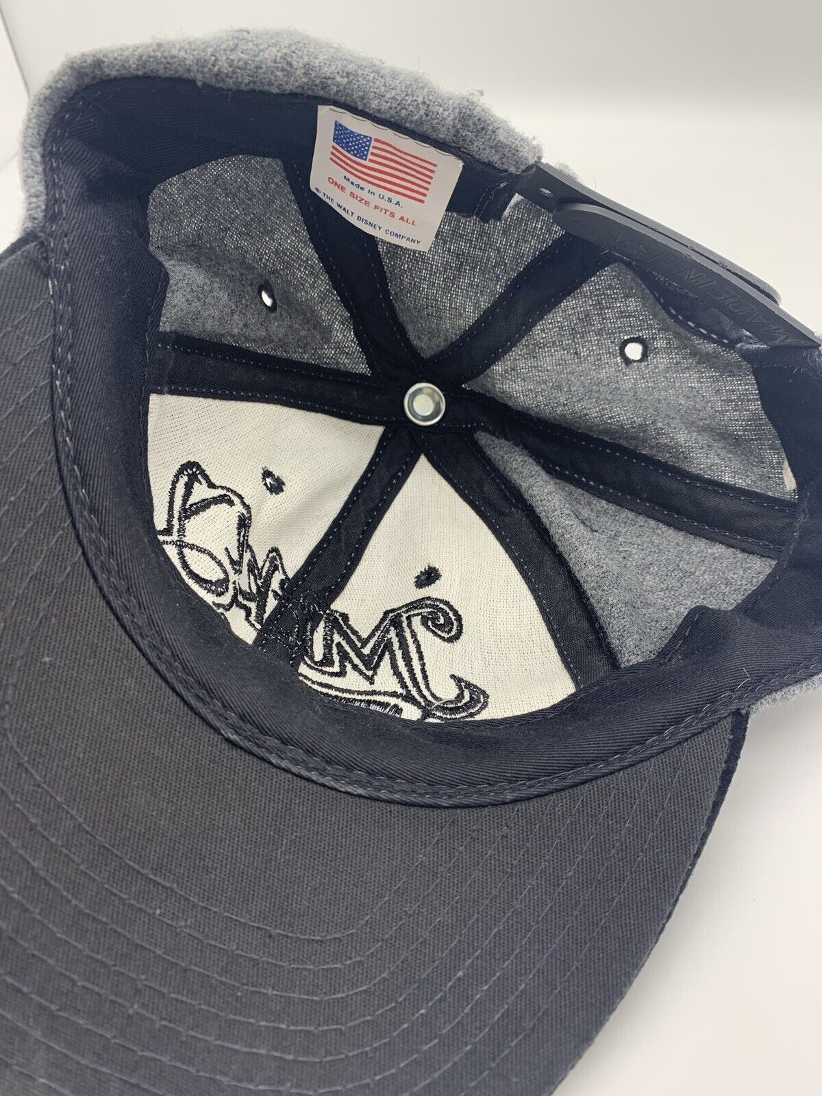 Vintage Disney Mickey Mouse Script Logo Snapback Hat Grey Black Cap USA Made