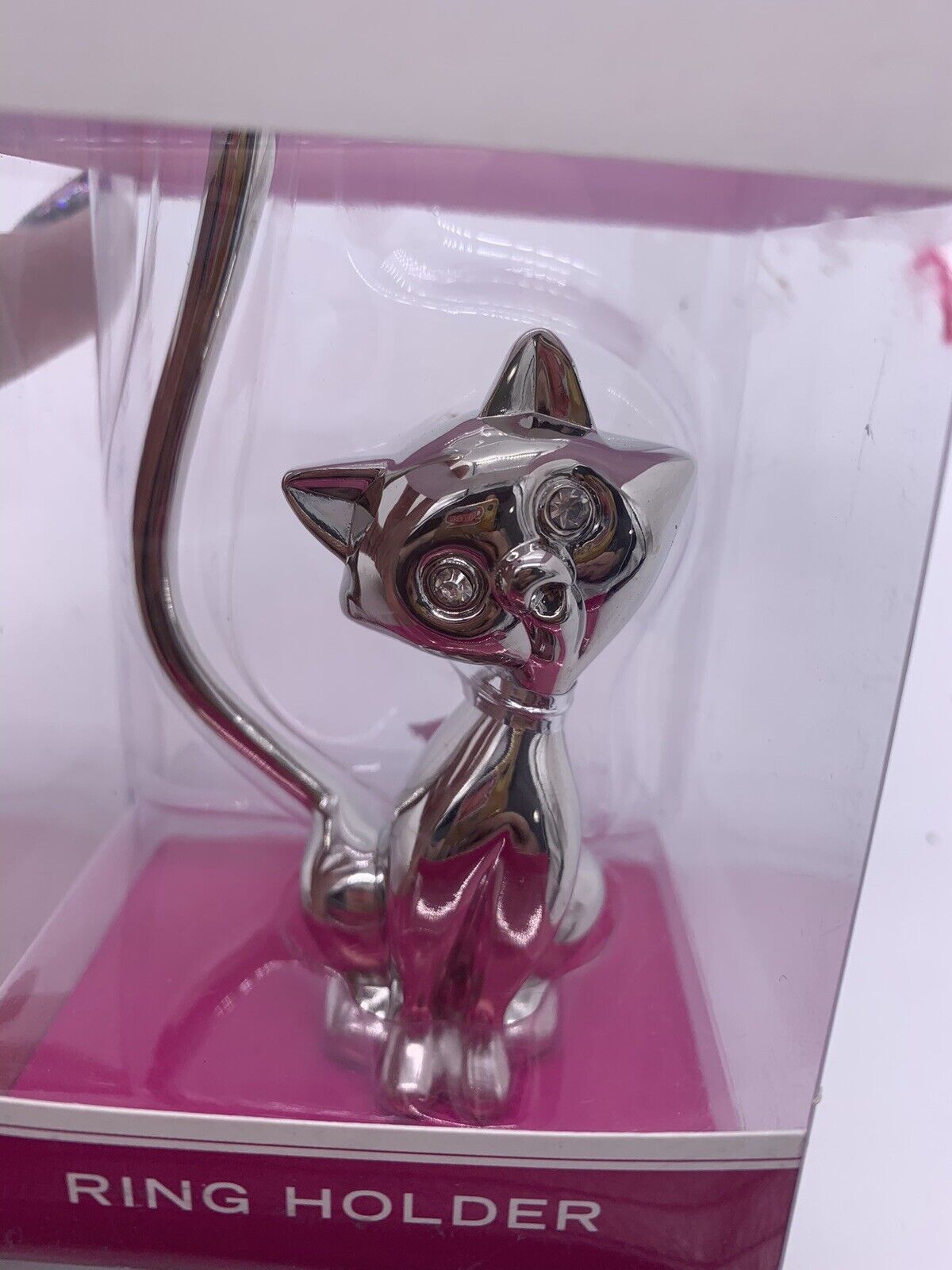 Cat Figurine Ring Holder Shiny Chrome Silver Metal 4" Studio 35 Beauty