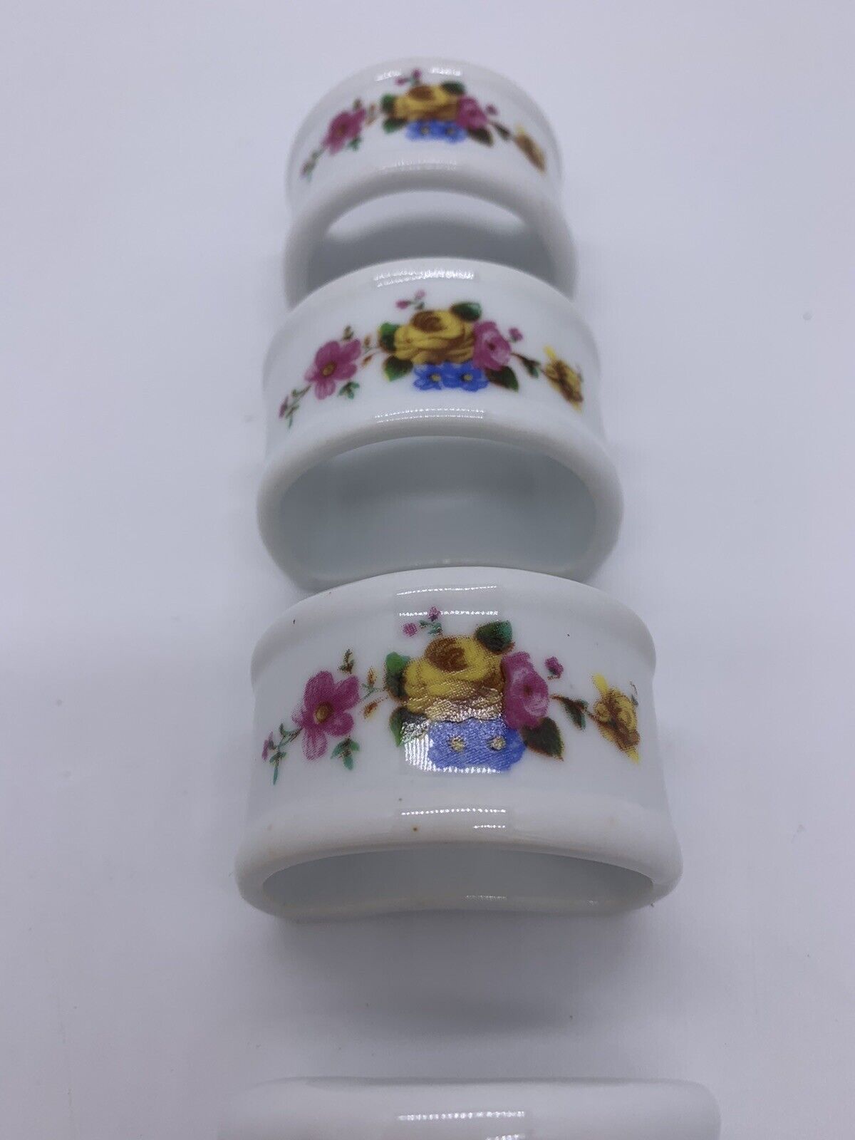 Vintage Genuine Porcelain Napkin Rings With White and Blue Flowers Set of 4