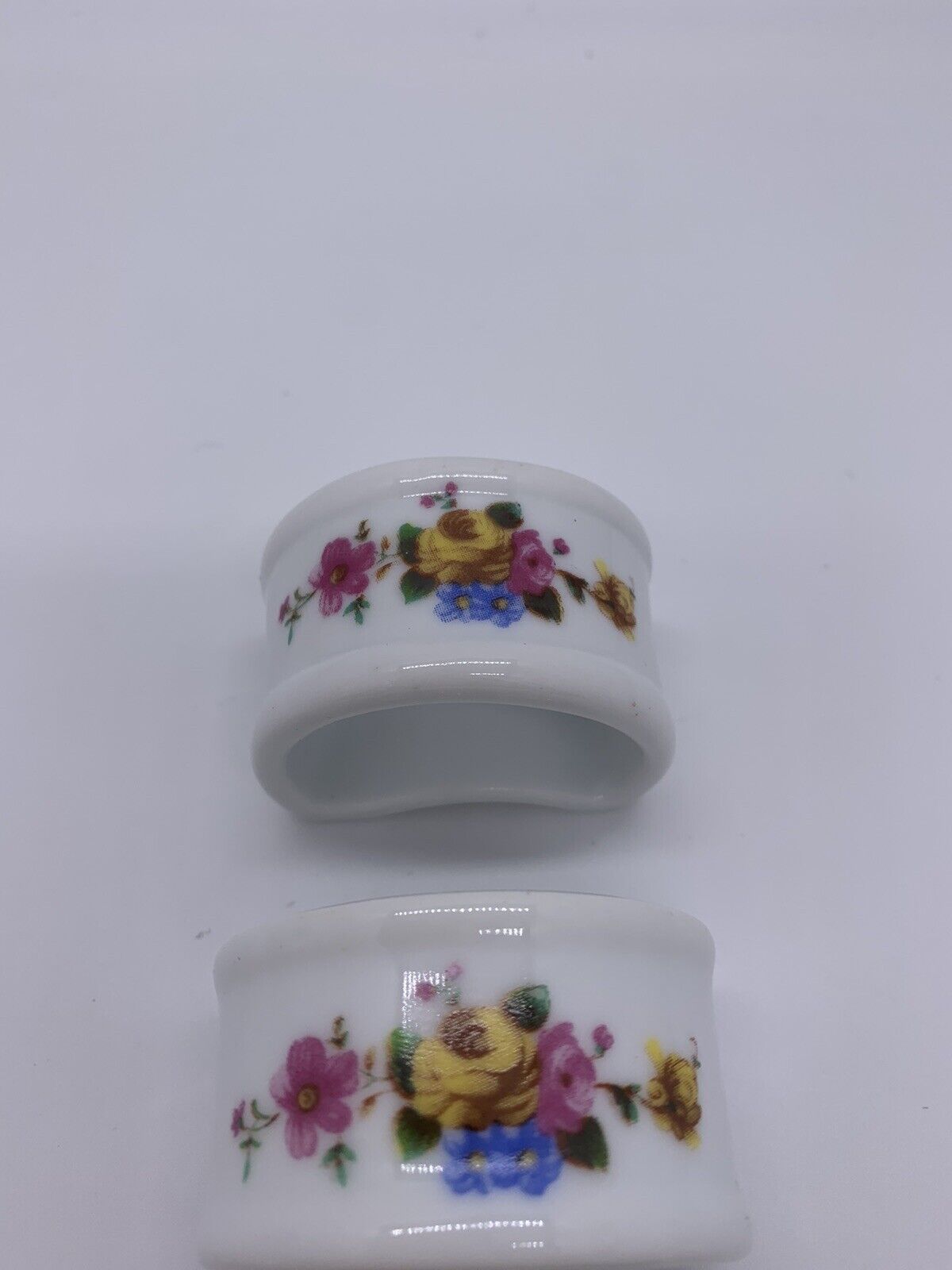 Vintage Genuine Porcelain Napkin Rings With White and Blue Flowers Set of 4