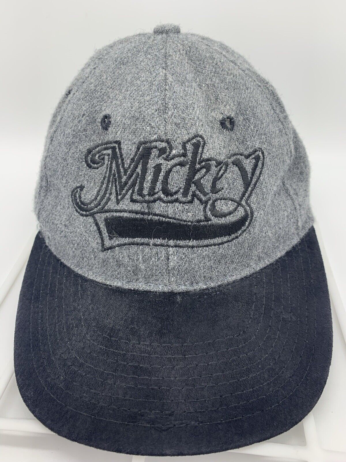 Vintage Disney Mickey Mouse Script Logo Snapback Hat Grey Black Cap USA Made