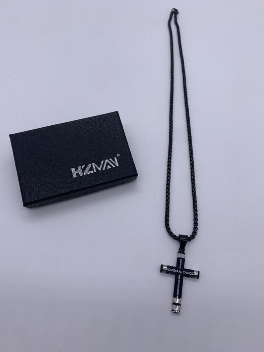 Philippians 4:13 Cross Pendant Bible Verse Stainless Steel Necklace Black