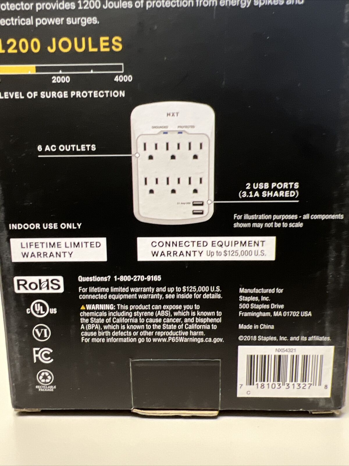 NXT Technologies Technologies 6-Outlet 2 USB Wall Tap 1200 Joules NX54321