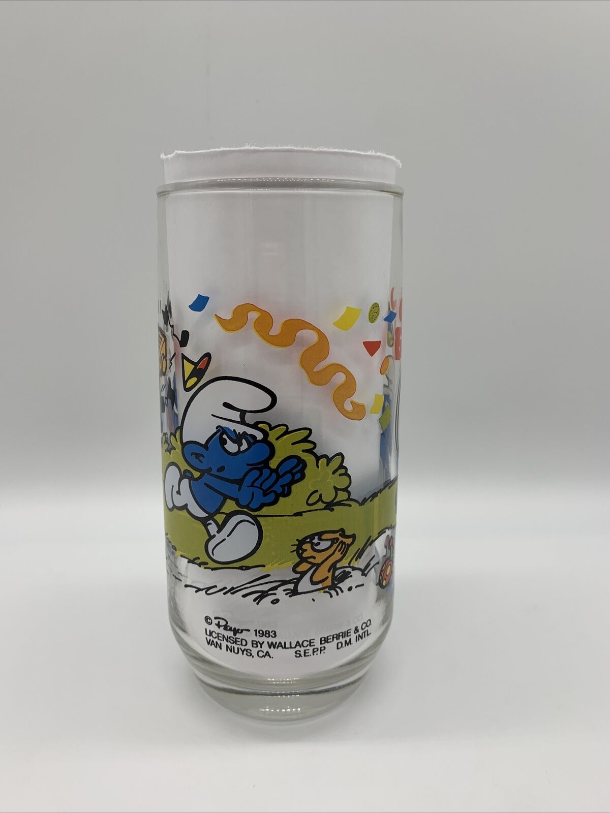 RARE SMURF 6 inch tall Glass “Harmony Smurf” 1983 Peyo Wallace Berrie & Co MINT