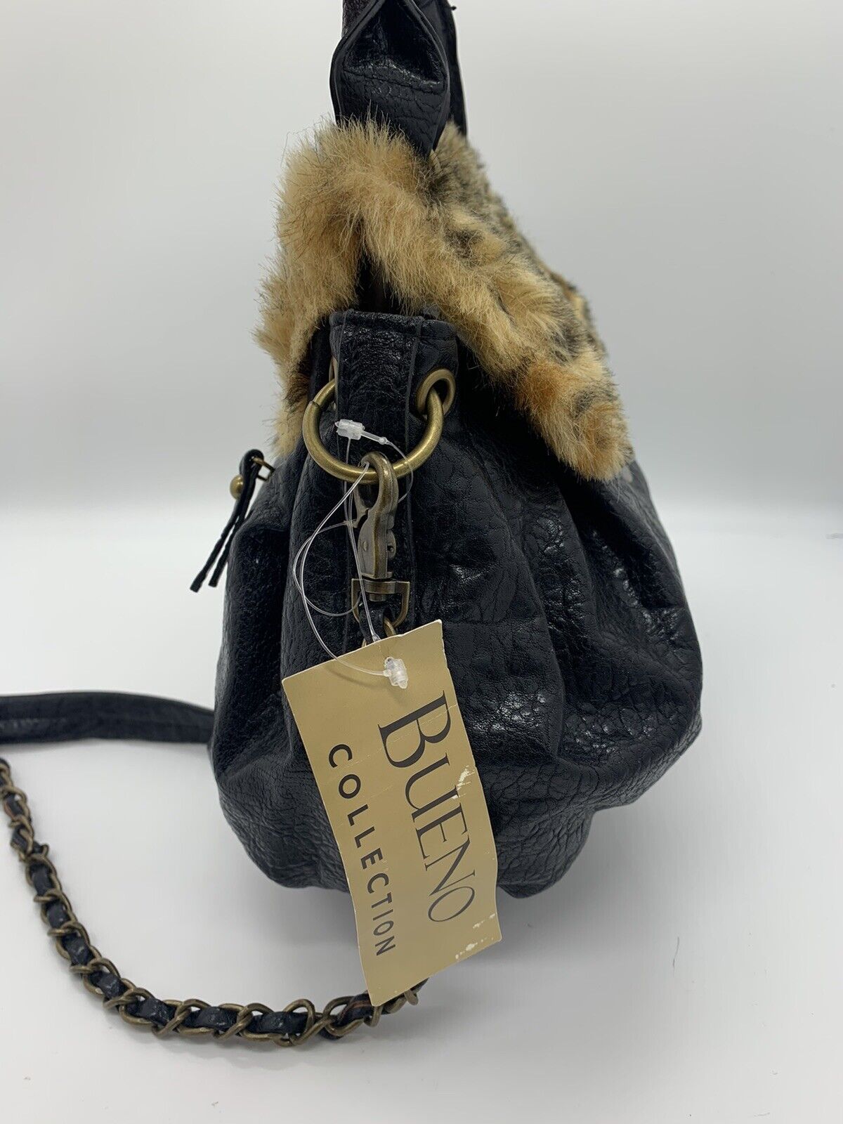 Bueno Women's Black Faux Fur Exterior Handbag Purse with Link Chain and Tags