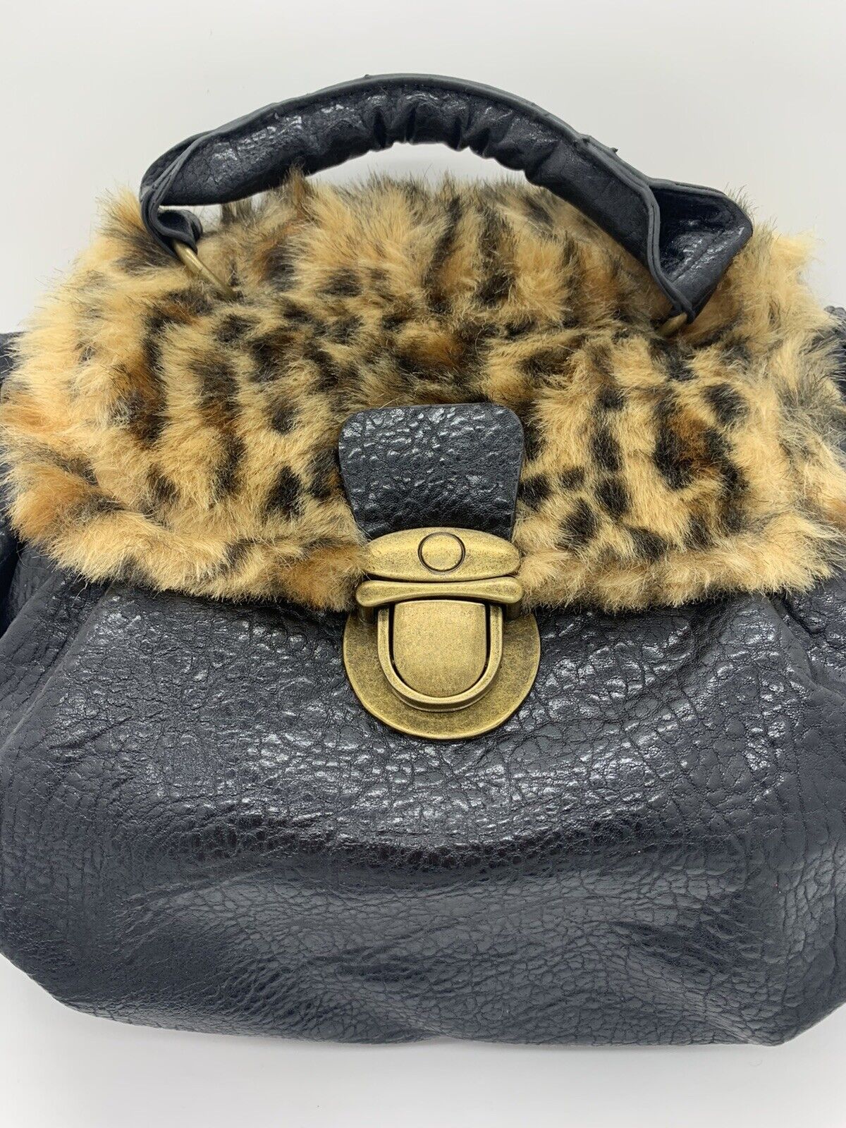 Bueno Women's Black Faux Fur Exterior Handbag Purse with Link Chain and Tags