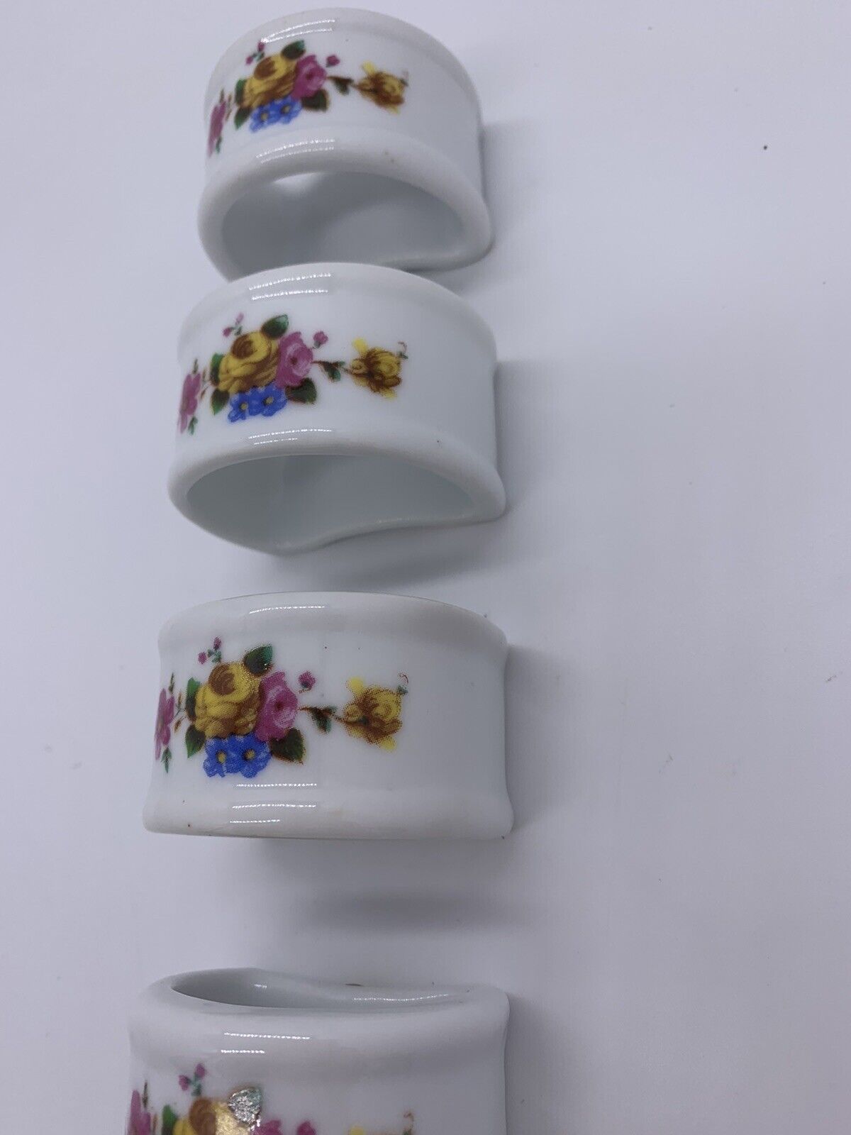 Vintage Genuine Porcelain Napkin Rings With White and Blue Flowers Set of 4