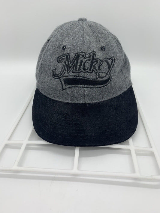 Vintage Disney Mickey Mouse Script Logo Snapback Hat Grey Black Cap USA Made