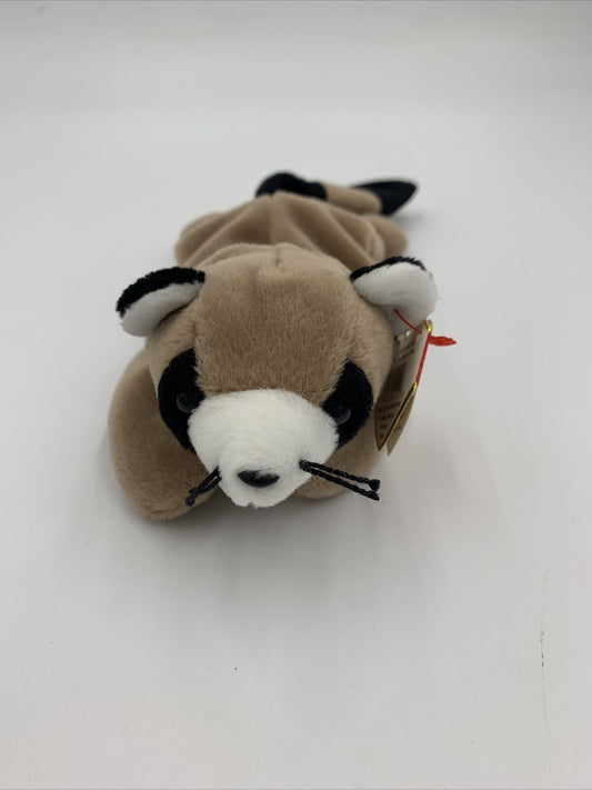 TY Beanie Baby - 1995 Ringo The Raccoon 8 in NEW WITH TAGS Gray Black Cute