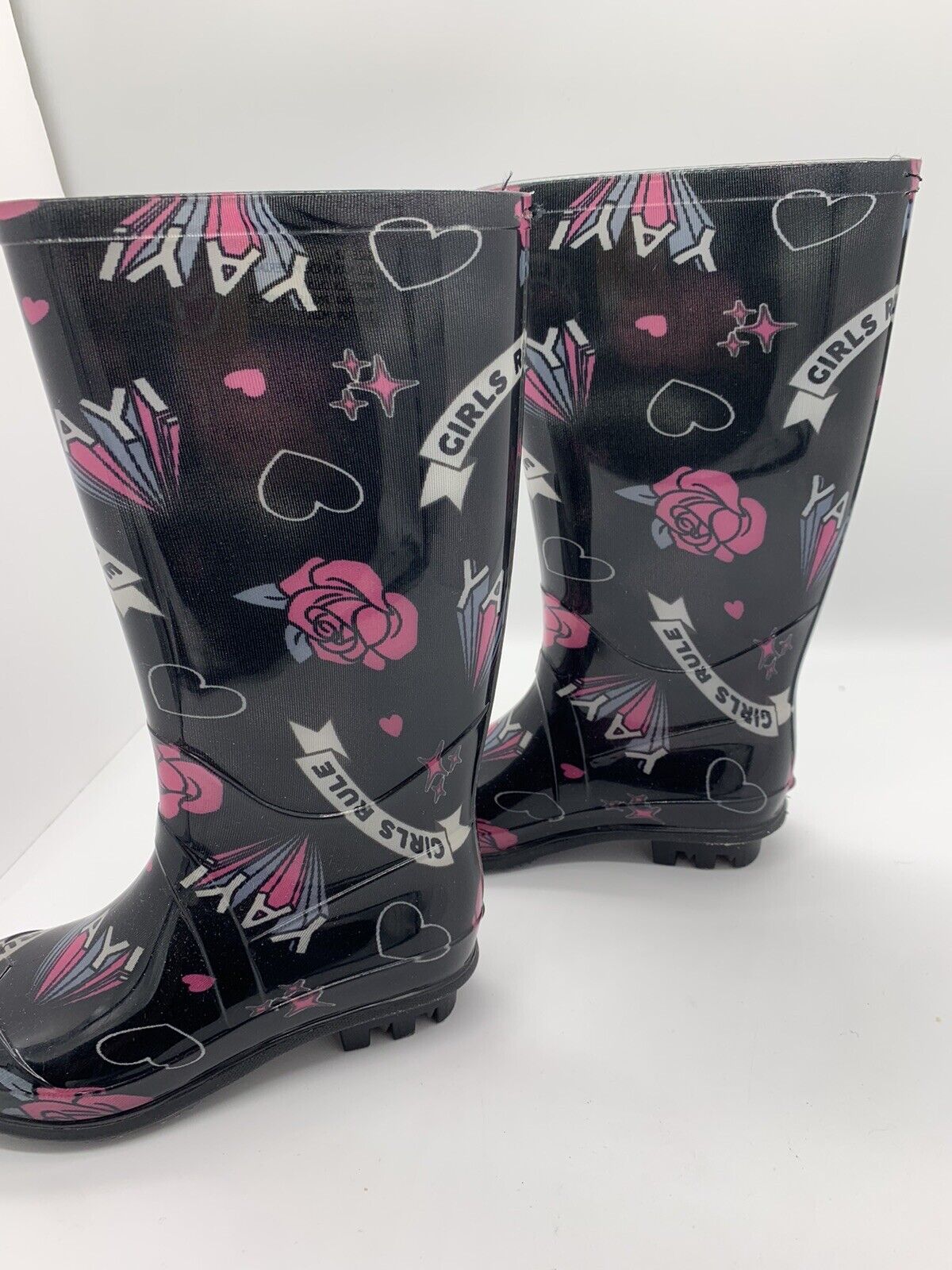 The Children's Place Girls Rain Boots Black Rose Print Knee High Pull On SZ 12