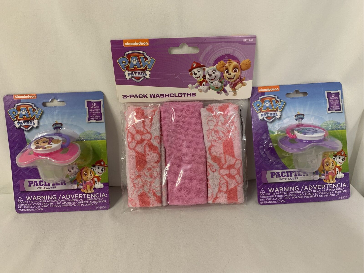 Paw Patrol Skye Everest Pacifier Binky and Washcloth Set Pink Purple 3-Pack