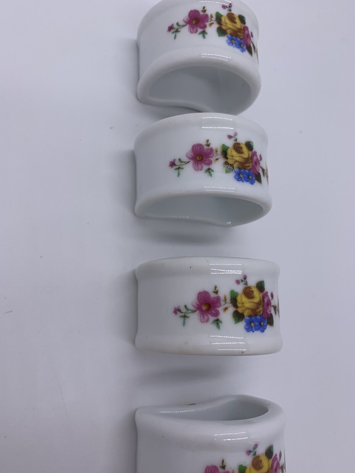 Vintage Genuine Porcelain Napkin Rings With White and Blue Flowers Set of 4