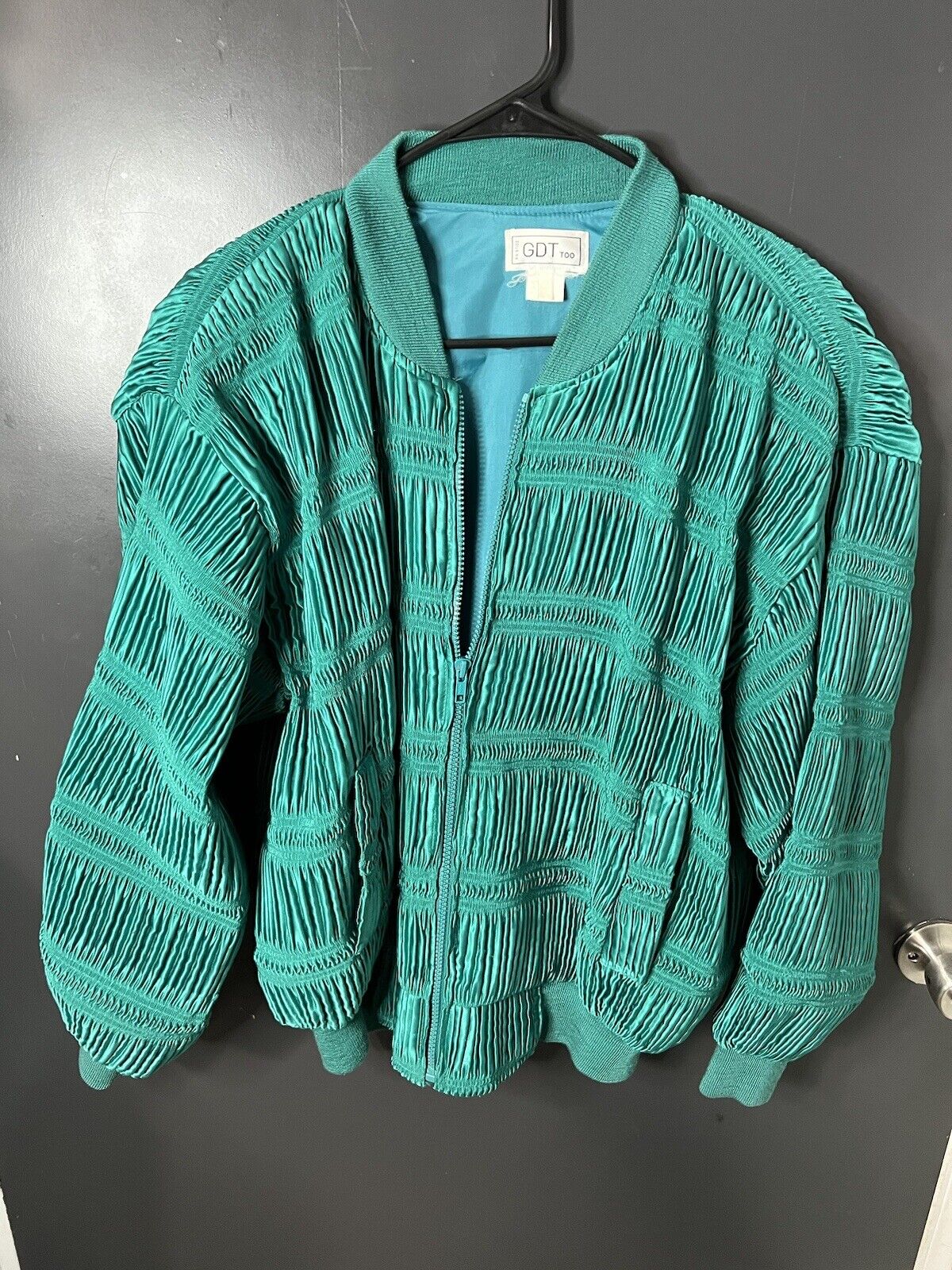 VINTAGE 80'S WOMEN'S Green Emerald Windbreak SILK COAT JACKET - GDT TOO - SIZE S