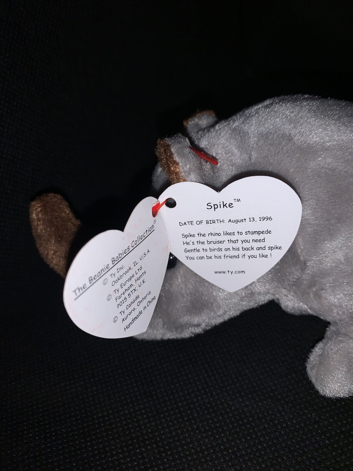 1996: Ty Beanie Baby Spike Rhino Rhinoceros RARE FIND Pristine Gray Brown