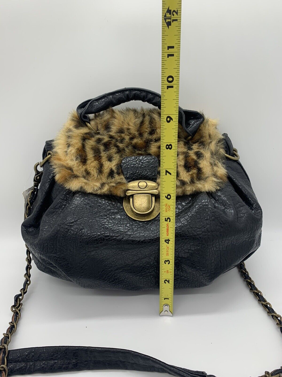 Bueno Women's Black Faux Fur Exterior Handbag Purse with Link Chain and Tags