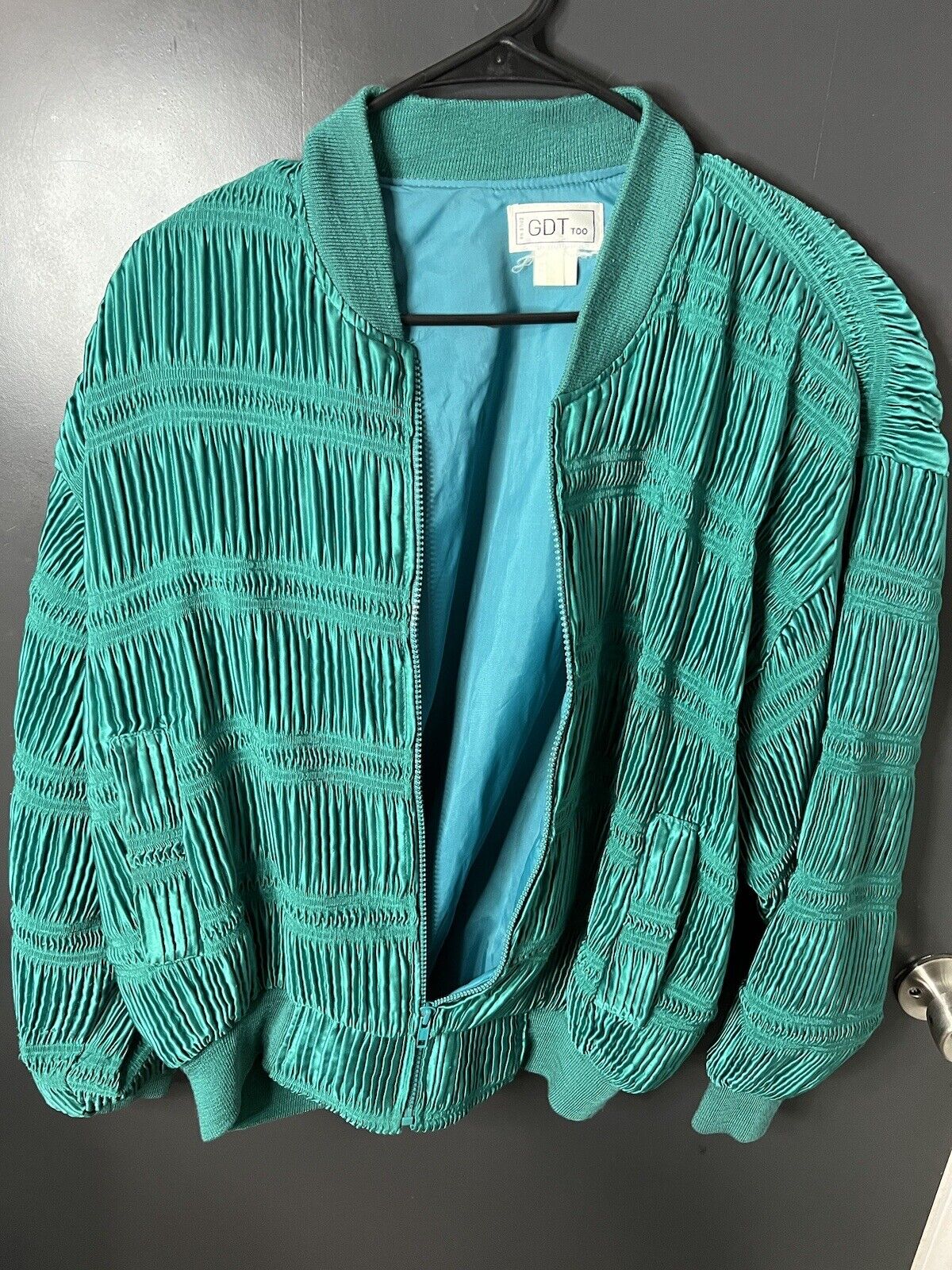 VINTAGE 80'S WOMEN'S Green Emerald Windbreak SILK COAT JACKET - GDT TOO - SIZE S