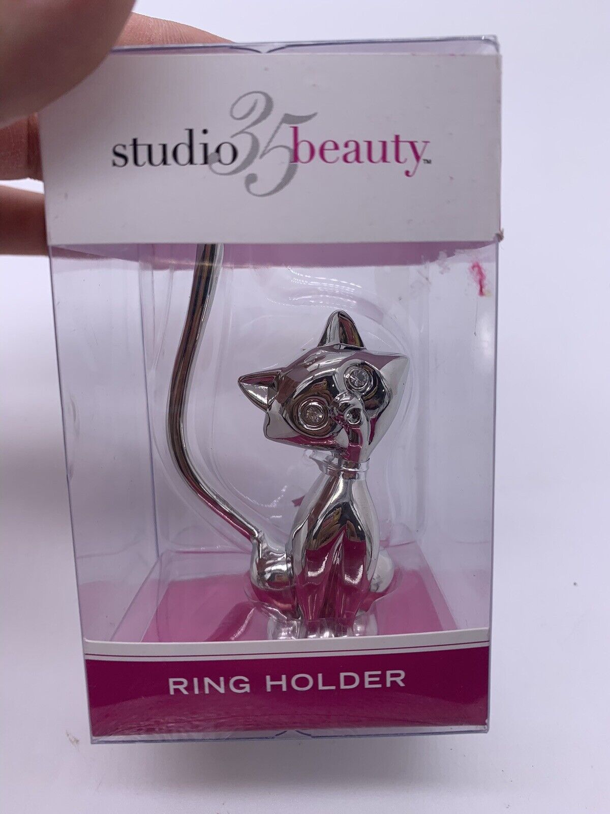 Cat Figurine Ring Holder Shiny Chrome Silver Metal 4" Studio 35 Beauty