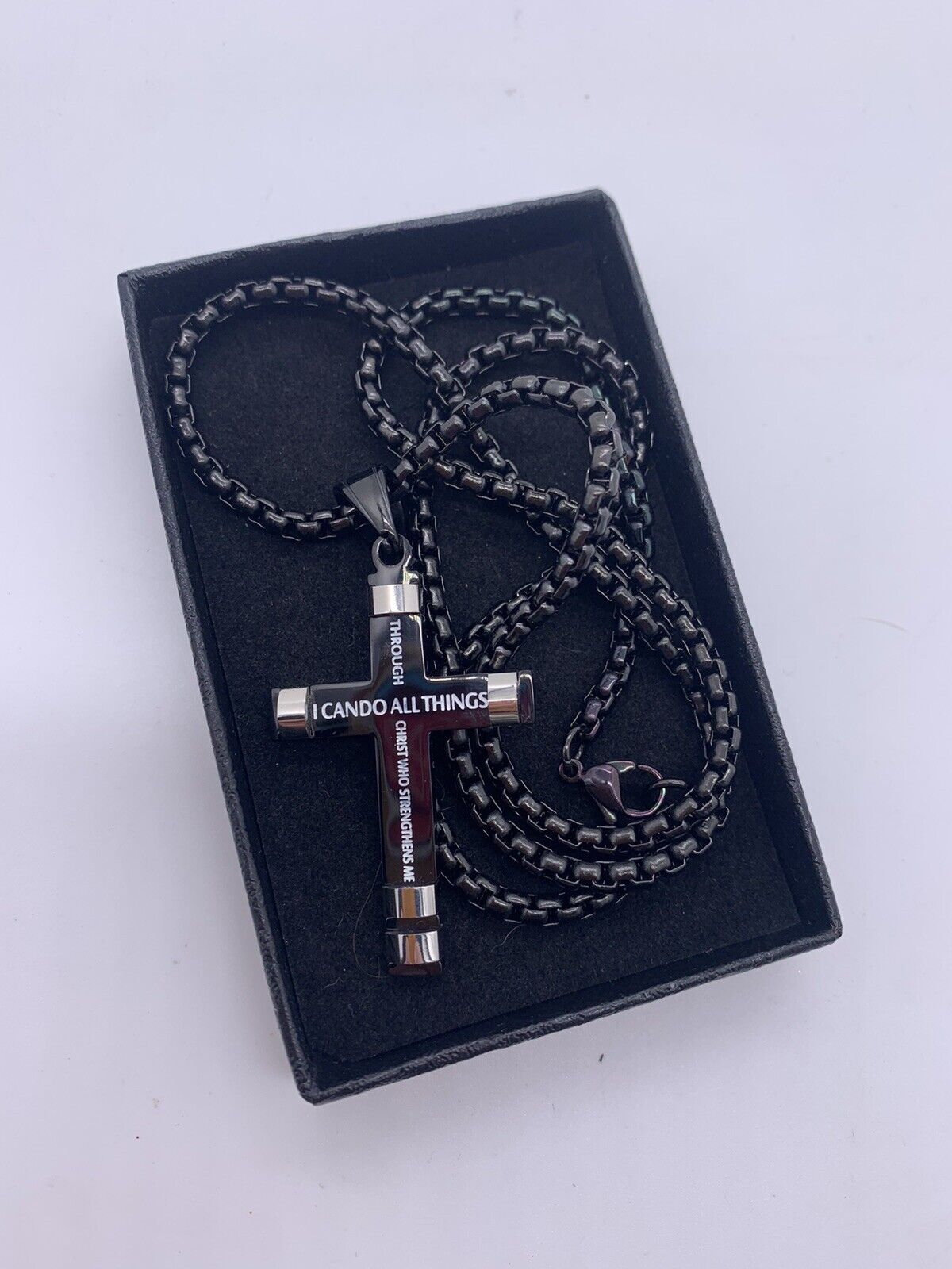 Philippians 4:13 Cross Pendant Bible Verse Stainless Steel Necklace Black