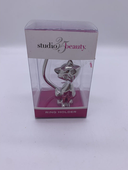 Cat Figurine Ring Holder Shiny Chrome Silver Metal 4" Studio 35 Beauty