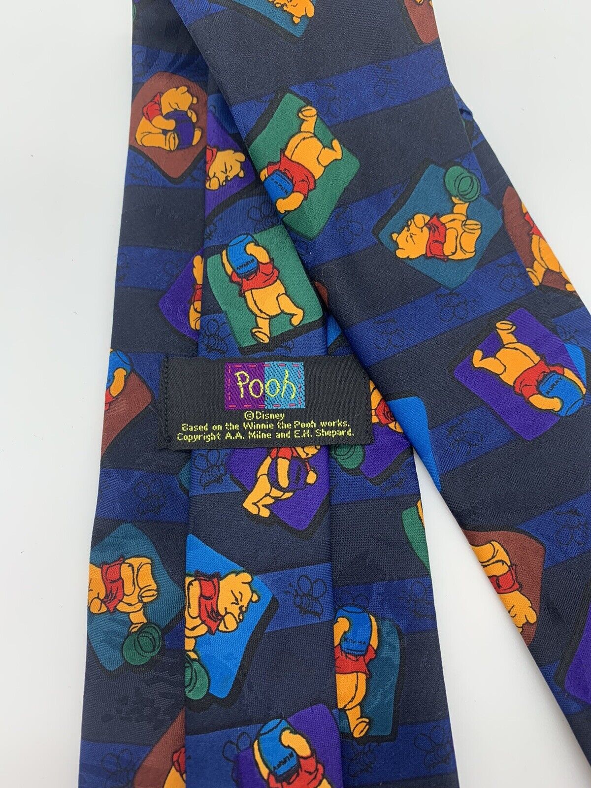 WINNIE THE POOH IN SQUARES on NAVY POLYESTER TIE NECKTIE CARTOON EXECUTIVE SUIT