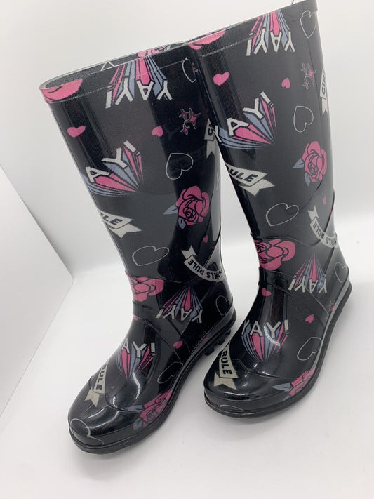 The Children's Place Girls Rain Boots Black Rose Print Knee High Pull On SZ 12