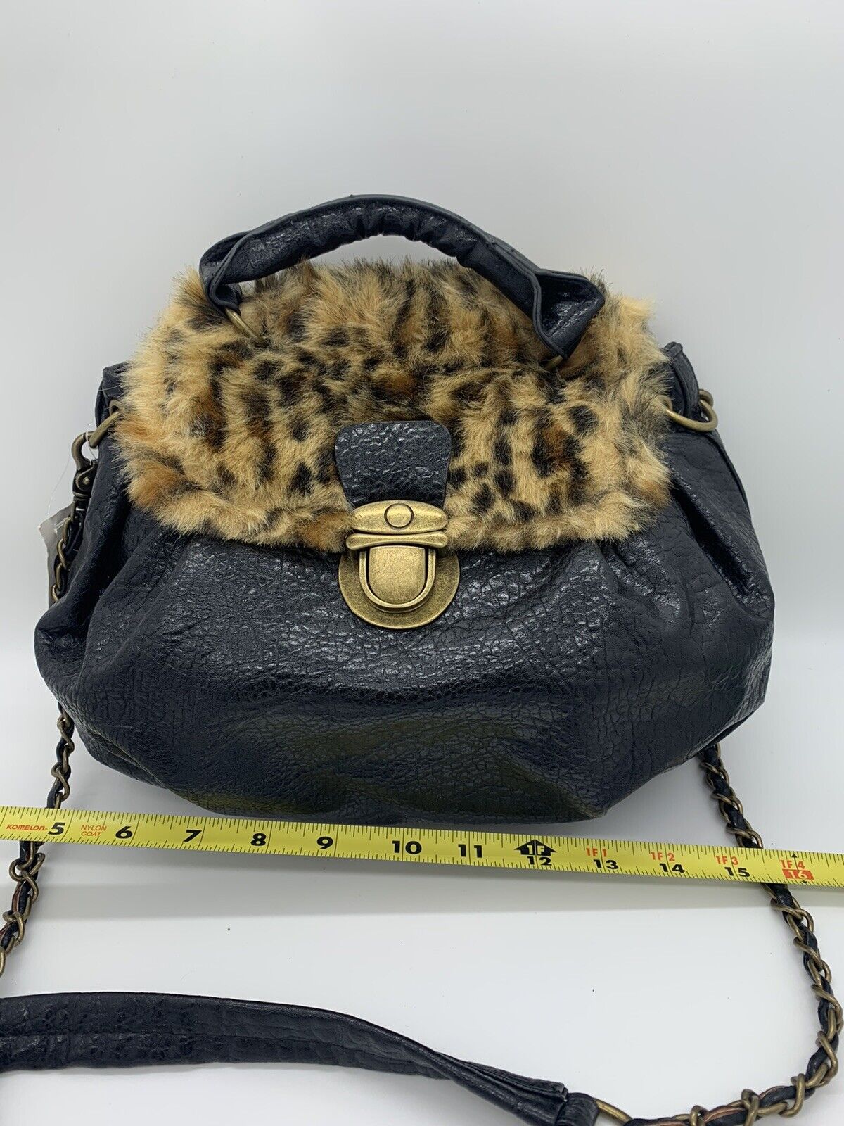 Bueno Women's Black Faux Fur Exterior Handbag Purse with Link Chain and Tags