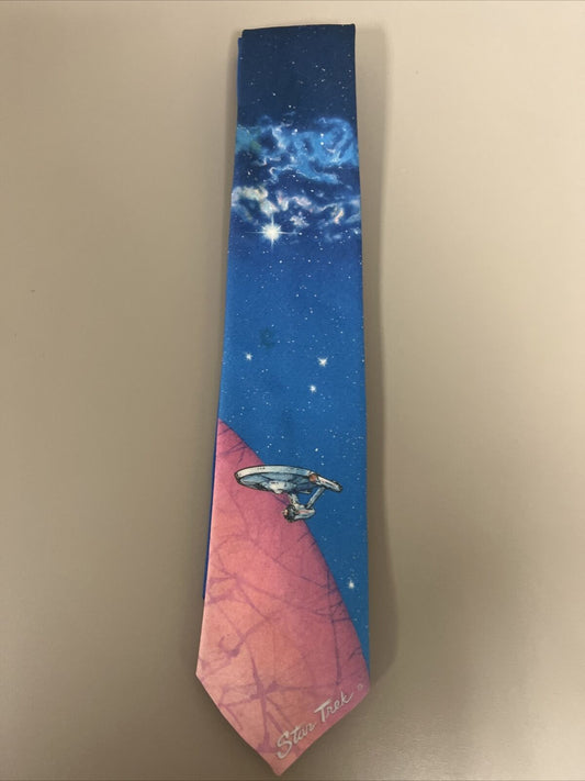 Vintage Star Trek Tie by Ralph Marlin USS Enterprise Pink/Blue Planet Stars 1991